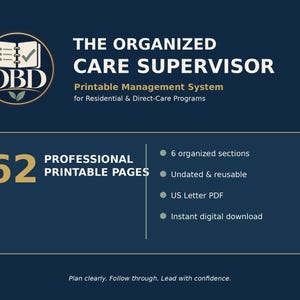Puede incluir: Un gráfico digital azul oscuro para el sistema de gestión imprimible The Organized Care Supervisor. Incluye el logotipo OBD, 62 páginas profesionales imprimibles, 6 secciones organizadas, formato sin fecha y reutilizable, PDF tamaño carta y descarga digital instantánea.