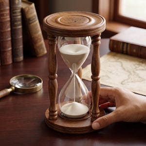 May include: A wooden hourglass with a clear glass bulb containing white sand. The top wooden base features an engraved inscription that reads: See then that you walk circumspectly, not as fools but as wise, redeeming the time, because the days are evil. Ephesians 5:15-16.
