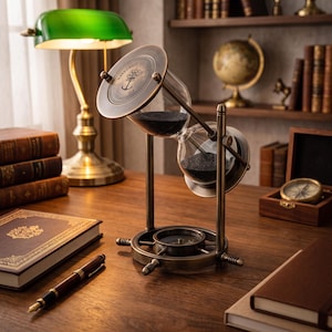 May include: A rotating hourglass with a brass frame and black sand, featuring a ship's wheel base with an integrated compass. The top brass plate is engraved with an anchor symbol and the text HANDMADE VINTAGE STYLE.