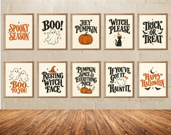 Zestaw do druku dekoracji ściennych na Halloween, 10 strasznych, vintage'owych wydruków dekoracyjnych, cyfrowa wersja "Duchowej Wiedźmy Dyni" do pobrania