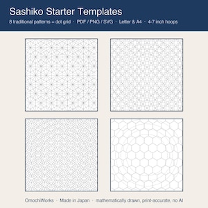 Puede incluir: Plantillas de inicio Sashiko con 8 patrones tradicionales y una cuadrícula de puntos en formatos PDF, PNG y SVG para bastidores de 10 a 18 cm. La imagen muestra cuatro paneles cuadrados con diseños de líneas geométricas.