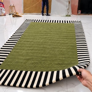 Olive Green Rectangular Wool Rug, Black And White Striped Carpet, Hand-Tufted Art Deco Rug, 8x10, 9x12, or 10x14 woolen carpet