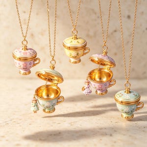 Könnte beinhalten: Fünf goldfarbene Halsketten mit Anhängern in Form von Miniatur-Teetassen. Die Anhänger sind in Pastellrosa, Gelb und Hellblau mit Blumenmustern bemalt. Zwei Anhänger sind geöffnet und zeigen eine kleine Puppenfigur an einer Goldkette.