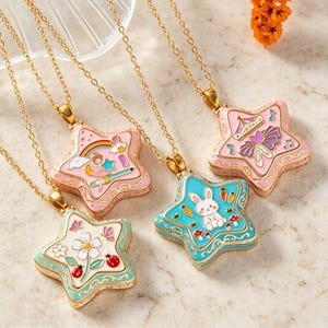 Stjärnformat öppningsbart medaljonghalsband, öppningsbart emaljkopparhänge, kawaii finurliga smycken, present till henne