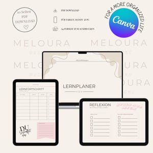 Könnte beinhalten: Ein digitales Lernplaner-Set auf Laptop, Tablet und Smartphone mit Vorlagen, die den Text LERNPLANER, LERNFORTSCHRITT und REFLEXION zeigen. Das Design umfasst sanfte Beige- und Rosatöne, Checklisten und motivierende Schriftzüge.