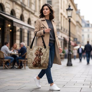 May include: A beige tote bag featuring a graphic print of a brown dog wearing a top hat and goggles, surrounded by clock faces and mechanical gears. The bag has two black shoulder straps and a rectangular shape with a flat bottom base.