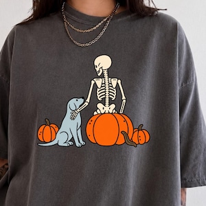 Skeleton Dog Pumpkin Patch Halloween Graphic T Shirt S-4XL
