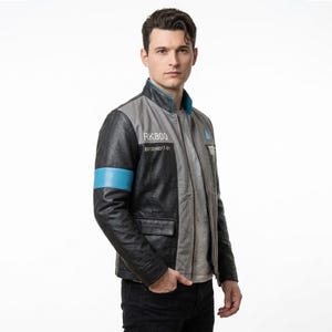 Connor RK800 Detroit Become Human jacket in handmade leather, showing the front design of the Connor cosplay jacket inspired by the DBH android character.