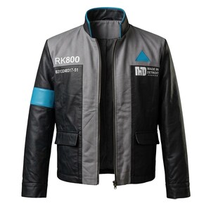 Connor RK800 leather cosplay jacket shown as part of a Detroit Become Human android costume, suitable for gaming conventions, cosplay events, and photoshoots.