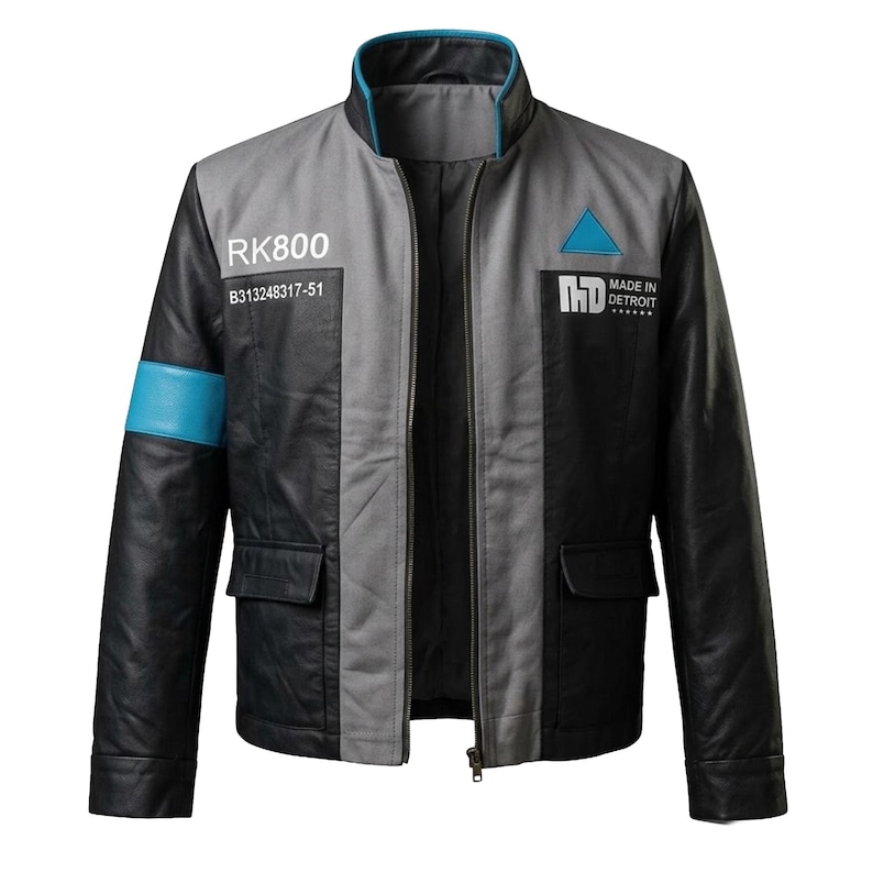 Connor RK800 leather cosplay jacket shown as part of a Detroit Become Human android costume, suitable for gaming conventions, cosplay events, and photoshoots.