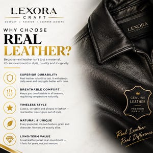 Puede incluir: Una chaqueta de cuero negro con cuello y cremallera, que presenta una etiqueta de la marca Lexora Craft. La imagen incluye texto que explica los beneficios del cuero aut&eacute;ntico, como durabilidad, comodidad y estilo, junto a un emblema.