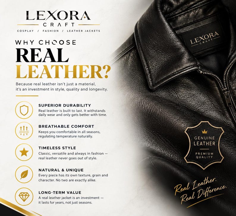 Puede incluir: Una chaqueta de cuero negro con cuello y cremallera, que presenta una etiqueta de la marca Lexora Craft. La imagen incluye texto que explica los beneficios del cuero aut&eacute;ntico, como durabilidad, comodidad y estilo, junto a un emblema.