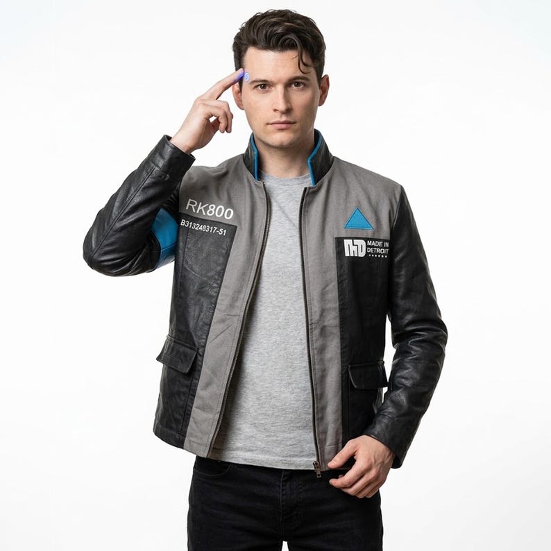 Connor RK800 Detroit Become Human jacket in handmade leather, showing the front design of the Connor cosplay jacket inspired by the DBH android character.