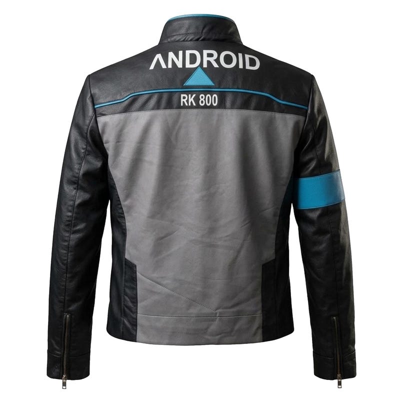 Back view of a handmade leather Connor RK800 cosplay jacket inspired by Detroit Become Human, showing the jacket's character-inspired back design.