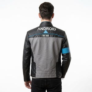 Back view of a handmade leather Connor RK800 cosplay jacket inspired by Detroit Become Human, showing the jacket's character-inspired back design.