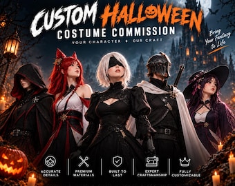 Puede incluir: Una imagen promocional para disfraces de Halloween personalizados con cinco personas en diversos atuendos de fantasía, incluyendo capas, armaduras y sombreros, frente a un castillo oscuro con el texto Custom Halloween Costume Commission.