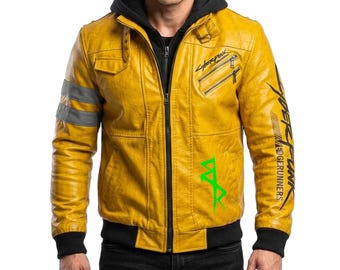 Chaqueta Cyberpunk 2077, chaqueta de cuero amarilla con capucha estilo motero de David Martinez Edgerunners, disfraz de Halloween