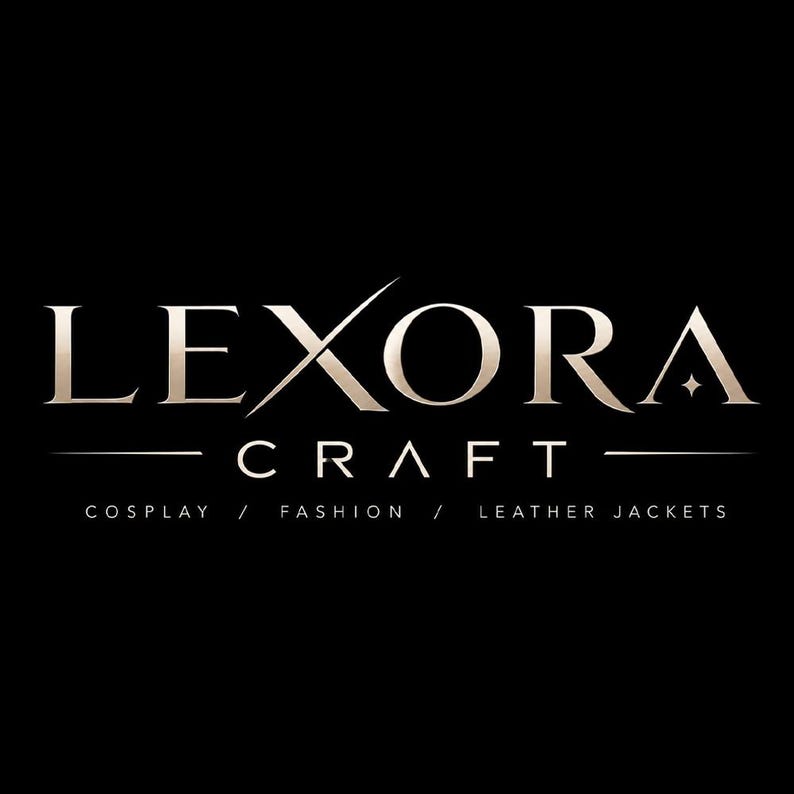 Puede incluir: Un logotipo gr&aacute;fico negro que presenta la palabra LEXORA en una fuente serif grande de tonos met&aacute;licos, con la palabra CRAFT centrada debajo en una fuente m&aacute;s peque&ntilde;a y delgada. Debajo, el texto dice COSPLAY / FASHION / LEATHER JACKETS en blanco.