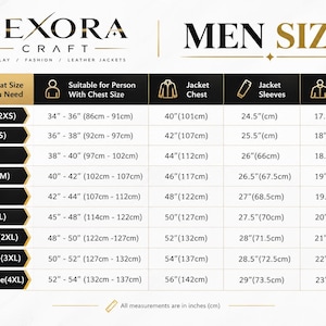 Puede incluir: Una tabla de tallas de chaquetas Lexora Craft con columnas para el tama&ntilde;o del pecho, pecho de la chaqueta, mangas y hombros en pulgadas y cent&iacute;metros. La tabla enumera tallas desde XXSmall hasta XXXXLarge con sus medidas espec&iacute;ficas.