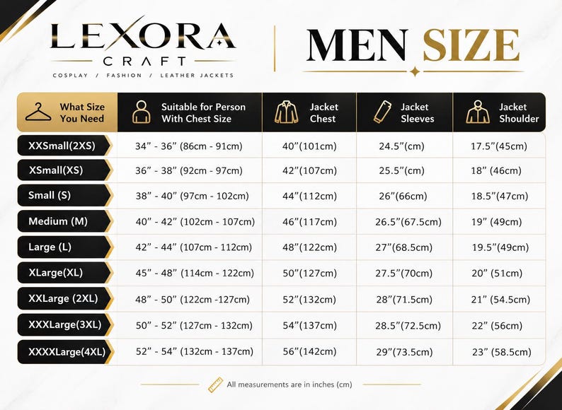 Puede incluir: Una tabla de tallas de chaquetas Lexora Craft con columnas para el tama&ntilde;o del pecho, pecho de la chaqueta, mangas y hombros en pulgadas y cent&iacute;metros. La tabla enumera tallas desde XXSmall hasta XXXXLarge con sus medidas espec&iacute;ficas.