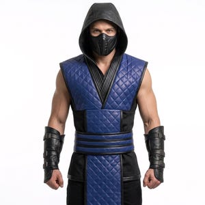 May include: A sleeveless blue and black quilted vest with a hood, paired with a black face mask and matching black forearm guards featuring three buckle straps. The vest has a diamond-patterned texture and a long front panel, creating a layered look.