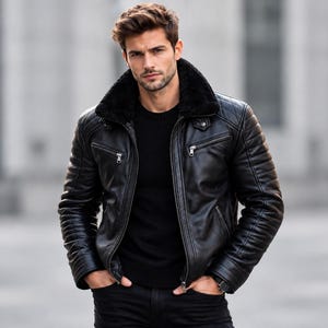 Pode incluir: Um casaco de couro preto com gola de pelo sintético preto, detalhes acolchoados nos ombros e mangas, e fechos de metal prateado nos bolsos frontais, usado sobre uma camisola preta e calças pretas.