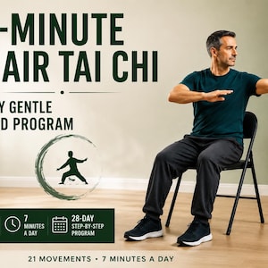 Può includere: Una grafica digitale per un programma di 28 giorni di Tai Chi su sedia da 7 minuti. Include testo, un'icona circolare di una persona che pratica e una persona seduta su una sedia pieghevole nera che esegue un movimento di Tai Chi.