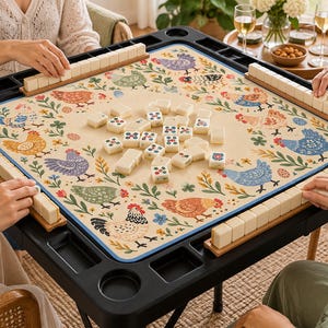 May include: A black folding mahjong table with a cream-colored play mat featuring a colorful chicken and floral pattern. The mat is surrounded by four wooden tile racks holding white mahjong tiles, with additional tiles scattered in the center.