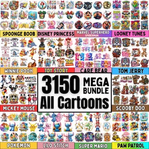 May include: A digital collection of 3150 cartoon character graphics featuring SpongeBob, Disney Princesses, Marvel superheroes, Looney Tunes, Winnie the Pooh, Toy Story, Care Bears, Tom and Jerry, Mickey Mouse, Scooby Doo, Pokemon, Stitch, Mario, and Paw Patrol.
