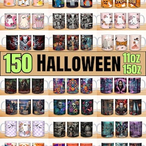 Puede incluir: Una colección de tazas de cerámica con varios diseños temáticos de Halloween, incluyendo fantasmas, calabazas, personajes de películas de terror y patrones festivos. La muestra incluye varias filas de tazas con diferentes ángulos.