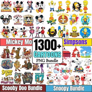 May include: A digital collection of cartoon character graphics featuring Mickey Mouse, Minnie Mouse, The Simpsons, Scooby-Doo, and Snoopy. The central text reads 1300+ CARTOONS PNG Bundle, with additional labels for Mickey Mouse, Simpsons, Scooby Doo, and Snoopy.