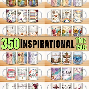 May include: A collection of white ceramic mugs featuring various inspirational quotes, floral illustrations, butterflies, and religious motifs. The mugs display text such as God Says You Are, Fruits of the Spirit, and With God All Things Are Possible.
