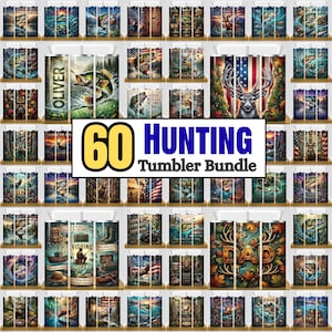 Könnte beinhalten: Eine Sammlung von 60 zylindrischen Trinkbechern mit verschiedenen grafischen Designs rund um Jagd und Fischerei, darunter Bilder von Hirschen, Fischen, amerikanischen Flaggen und Landschaften, mit dem Text 60 HUNTING Tumbler Bundle in der Mitte.