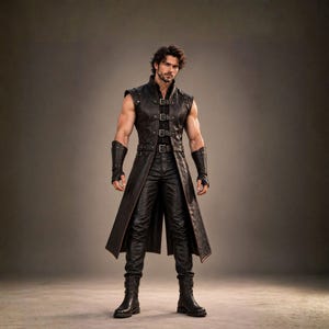 May include: A sleeveless black leather long coat with multiple front buckles, worn over a black shirt and matching black leather trousers. The outfit includes black leather wrist gauntlets and black leather boots, creating a cohesive dark ensemble.