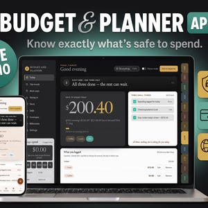 May include: A digital budget and planner app displayed on a laptop screen and a smartphone. The interface features a dark theme with white text, showing financial data, daily tasks, and spending summaries. Text includes "BUDGET & PLANNER APP", "FREE DEMO", "PRIVATE BY DESIGN", "NO SUBSCRIPTION", and "ONLINE OR OFFLINE".