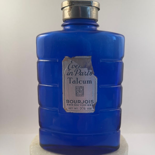 Bourjois SOIRÉE À PARIS Soir De Paris Flacon de Poudre de Talc, Flacon Vide. Verre bleu cobalt. Rare.