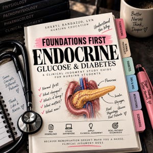 May include: A nursing study guide titled Foundations First Endocrine Glucose & Diabetes with a central anatomical illustration of the pancreas. The cover features pink accents, tabbed sections, a black stethoscope, and text including Understand the Why.