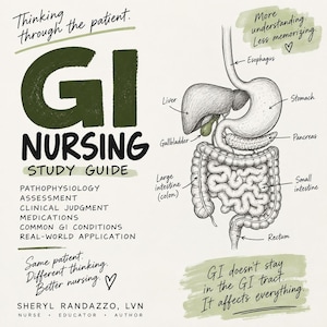 May include: A GI Nursing study guide featuring a detailed anatomical illustration of the human digestive system. Labels identify the esophagus, stomach, liver, gallbladder, pancreas, small intestine, large intestine, and rectum. Text includes study topics.
