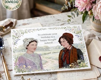 Printbare verjaardagskaart van Jane Austen, Elizabeth & Charlotte, handgeschilderde digitale kaart, geïnspireerd op Pride and Prejudice, digitale download
