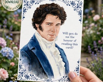Pride and Prejudice Birthday Card, Mr Darcy Hand-painted Printable Card, Instant Download