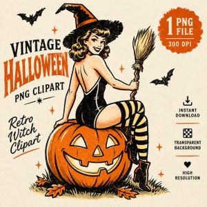 May include: A digital illustration of a pin-up style witch wearing a black hat and bodysuit with striped stockings, sitting on a large orange jack-o'-lantern while holding a broomstick. The image includes bats, stars, and text reading Vintage Halloween.