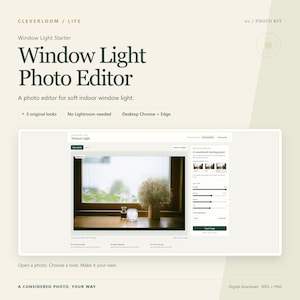 May include: A digital Window Light Photo Editor kit featuring a browser-based interface for editing photos. The display shows a preview of a window with a vase of flowers and a glass, alongside adjustment sliders for light and color settings.