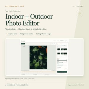 May include: A digital photo editor interface titled Two Light Collection Indoor + Outdoor Photo Editor. The screen displays a plant photo with adjustment sliders, six look options, and text including 6 original looks, No Lightroom needed, and Desktop Chrome + Edge. The background is a light beige color.