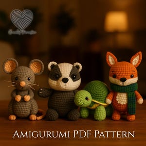 May include: Four crocheted amigurumi figures including a gray mouse, a black and white badger, a green turtle, and an orange fox wearing a green scarf. The text Crochet Paradise and AMIGURUMI PDF PATTERN are visible in the image.
