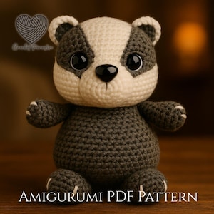 May include: A crocheted badger amigurumi toy with a dark gray and cream-colored yarn body, large black plastic safety eyes, and a black nose. The text Crochet Paradise and AMIGURUMI PDF PATTERN are visible on the image.