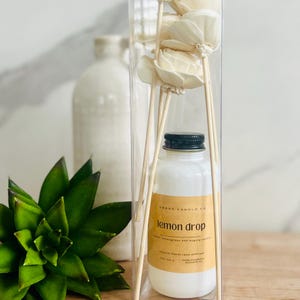 May include: A clear glass bottle with a black cap and a label that reads "Lemon Drop" sits inside a clear plastic container. The bottle contains a white liquid. Decorative wooden sticks and white flower accents are also in the container. A green succulent is in the foreground.