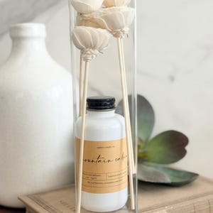 May include: A clear rectangular box containing a white bottle with a black cap and a tan label reading "mountain cabin" and "4 oz 135 g". Three cream-colored wooden flowers on thin sticks are positioned inside the box above the bottle.