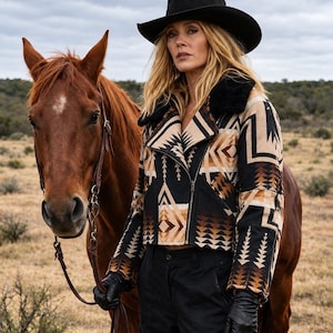 May include: A black felt hat, a cropped jacket with a black, tan, and brown geometric pattern, a black faux fur collar, and black leather gloves. The jacket features a full-length front zipper and long sleeves, paired with black cargo-style pants.
