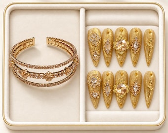Gold Baroque Press On Nails & Champagne Rhinestone Cuff Bracelet
