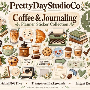 Op de afbeelding: Een digitale collectie van 150 plannerstickers getiteld PrettyDayStudioCo Coffee & Journaling. De set bevat illustraties van koffiekopjes, een typemachine, boeken, een croissant, een muffin, een camera en tekstlabels zoals Coffee Break.